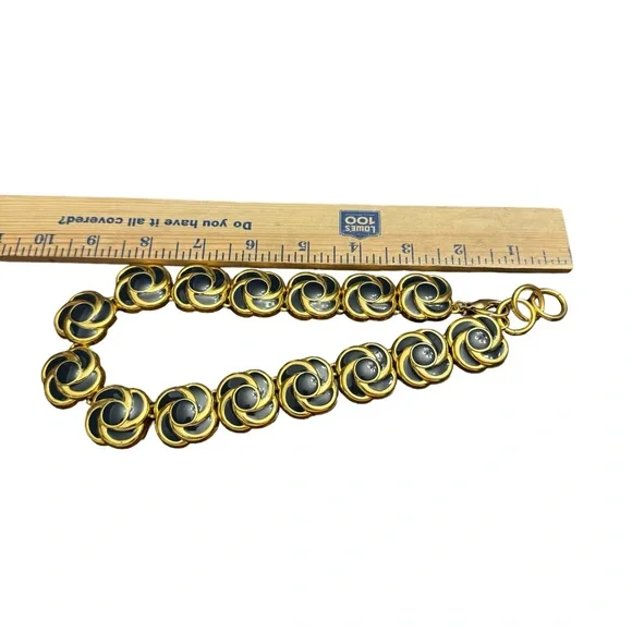 Vintage Goldtone Black Enamel Swirl Link Necklace - Picture 9 of 10
